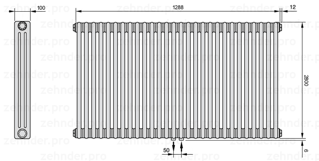 Схема (чертеж) Радиатор Zehnder Charleston 3280/28 №5410 Белый глянцевый RAL 9016